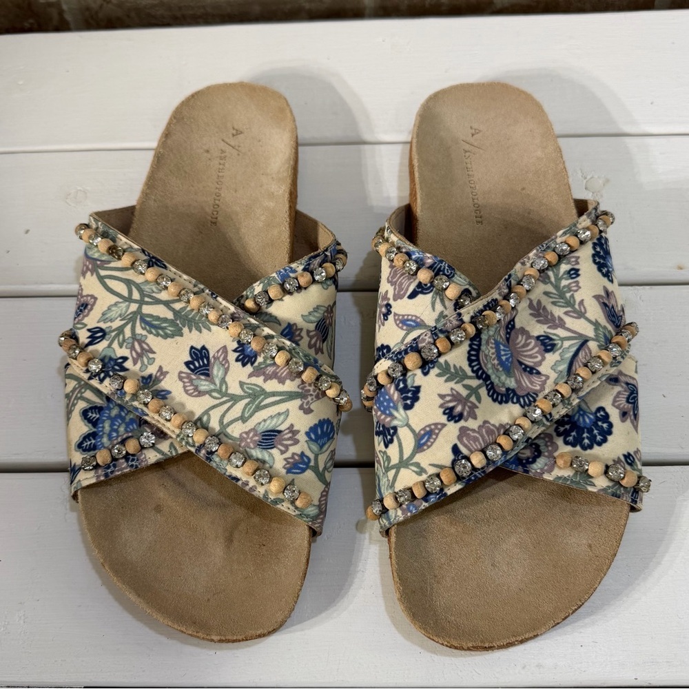 Anthropologie Women’s Marnie Floral Beaded Slide Sandals Size 40 Boho Chic